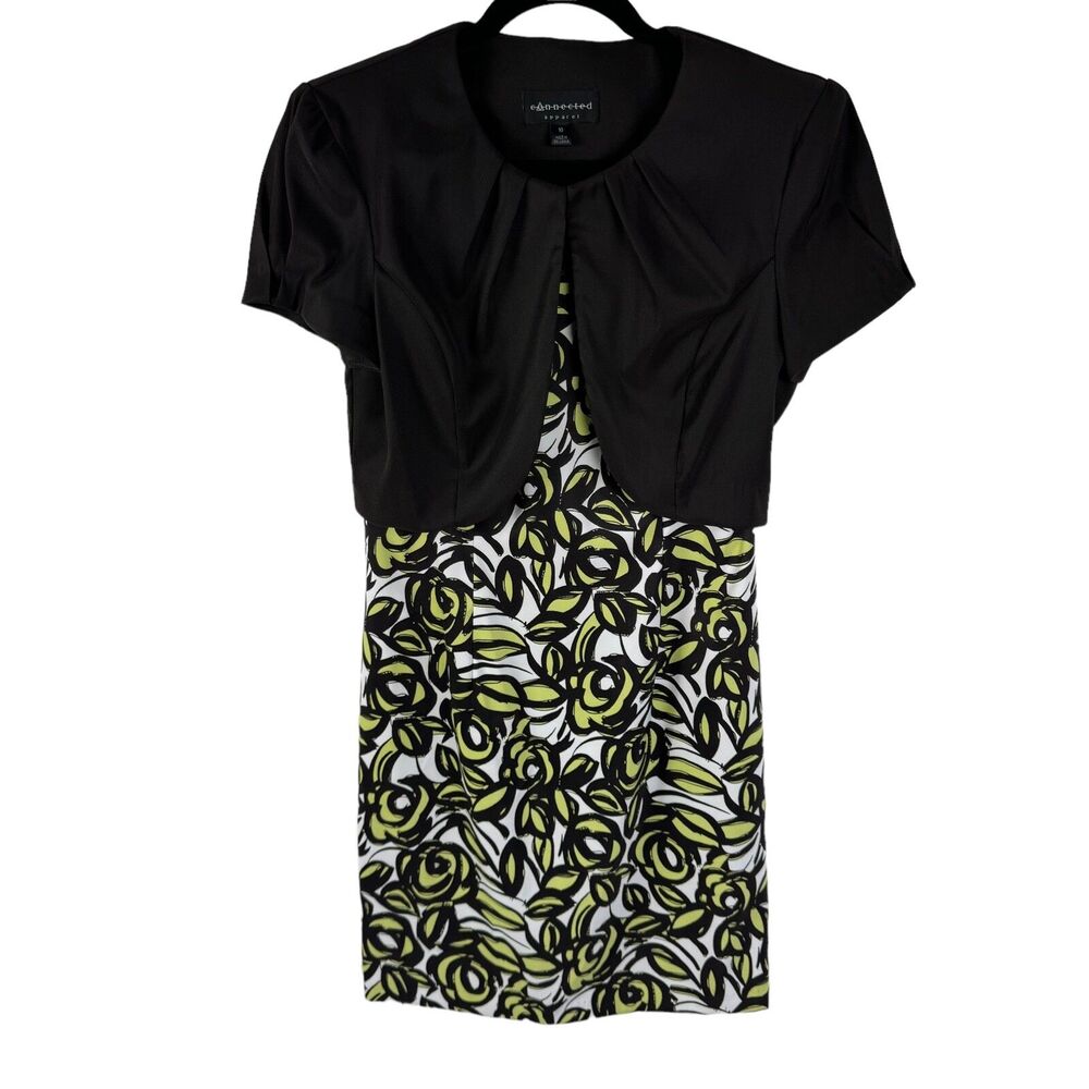 Connected Apparel Sheath Dress w/Shrug Size 10 Citron Green/Brown Print
